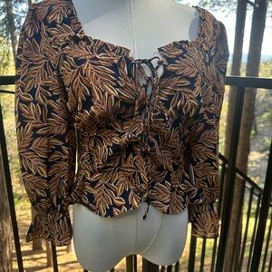 Brown Smocked Tie Front 3/4 Sleeve Blouse